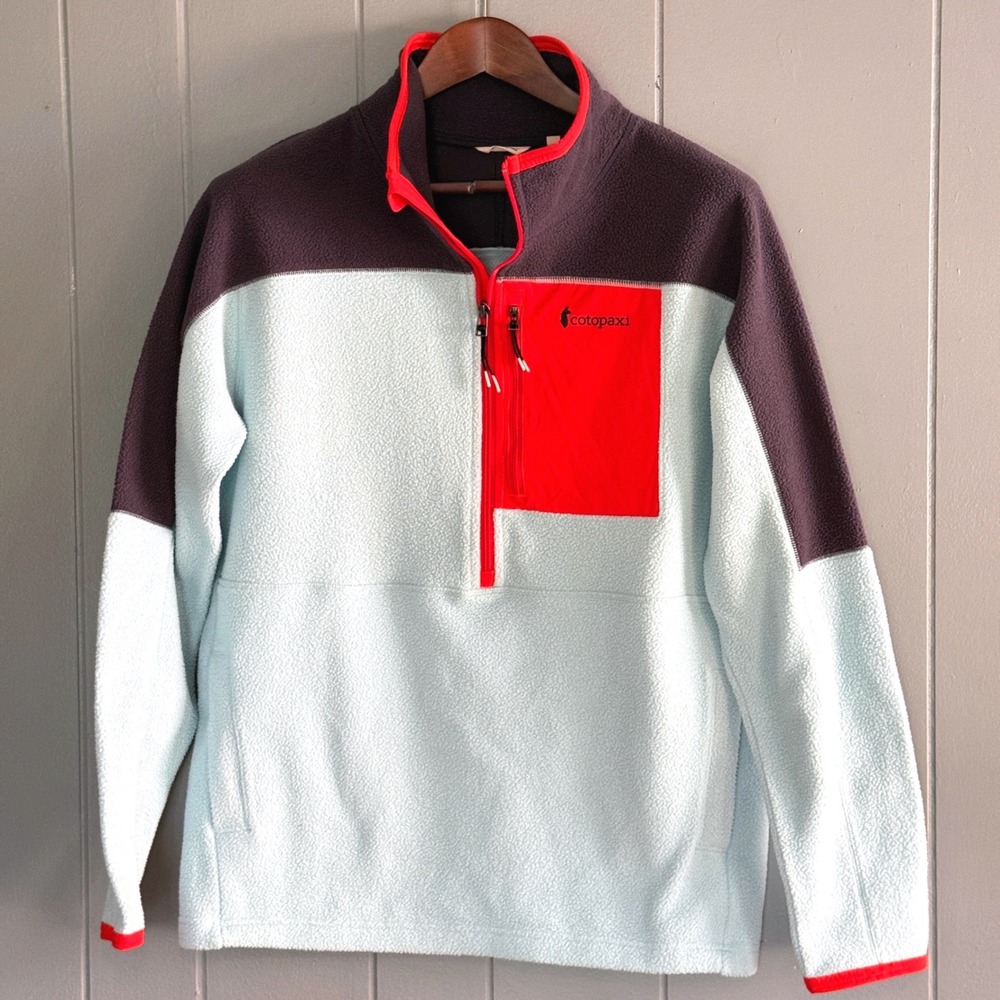 Cotopaxi Teca Fleece Pullover XL Ice Blue Red Quarter Zip Jacket Granola Girl